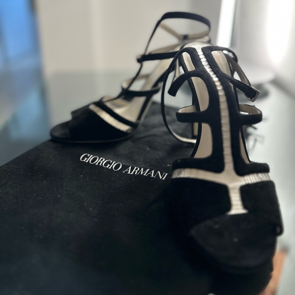 Giorgio Armani high heeled dress sandals in black suede.